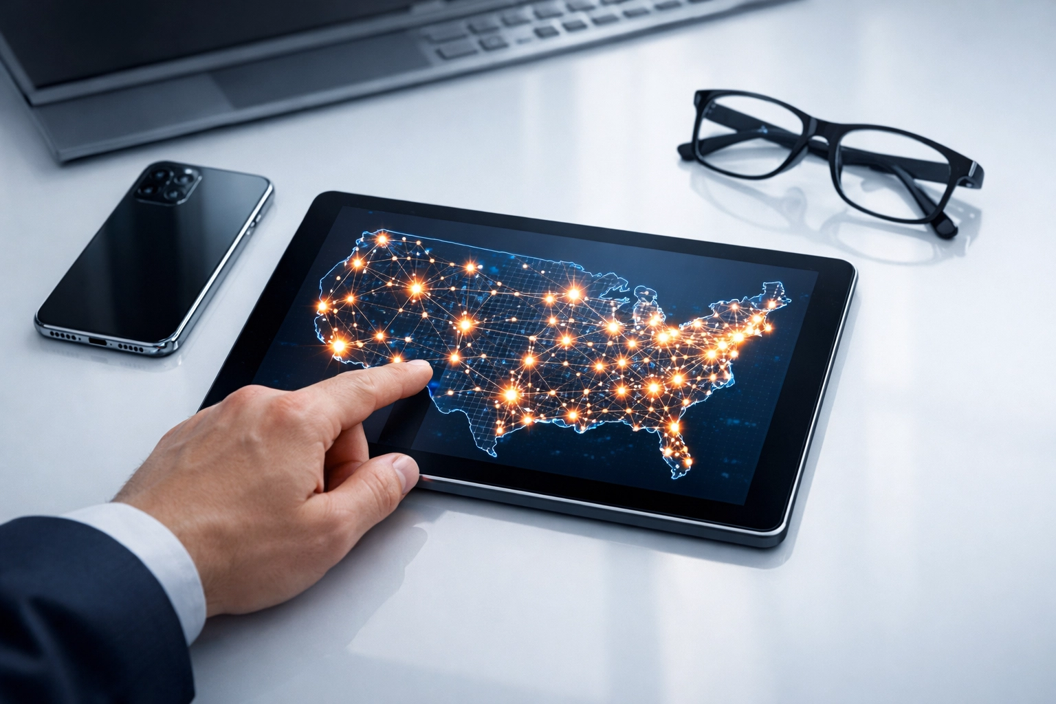 Media planner viewing a national network expansion map on a digital tablet for programmatic sports advertising.
