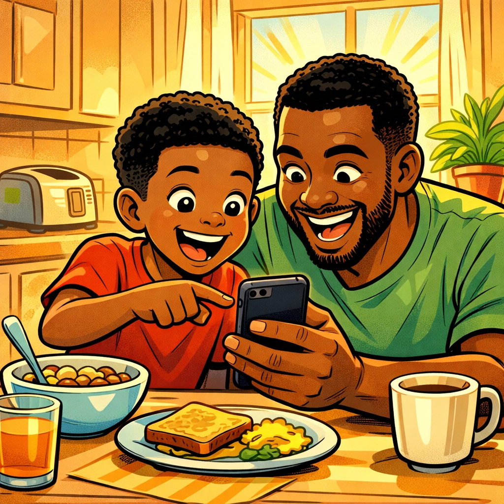 Father and son learning vocabulary together during breakfast with smartphone