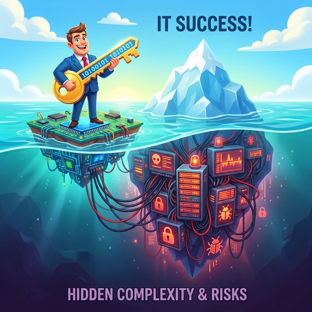 Confident business owner on computer circuit board island, unaware of hidden IT security dangers below the surface.