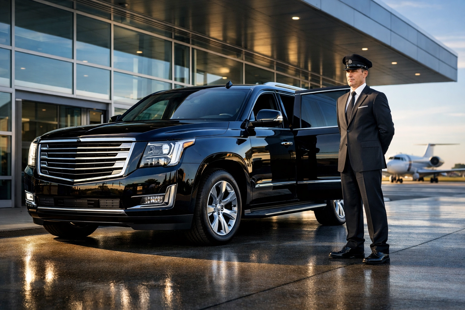 Professional chauffeur service and luxury SUV for Super Bowl executive travel management.