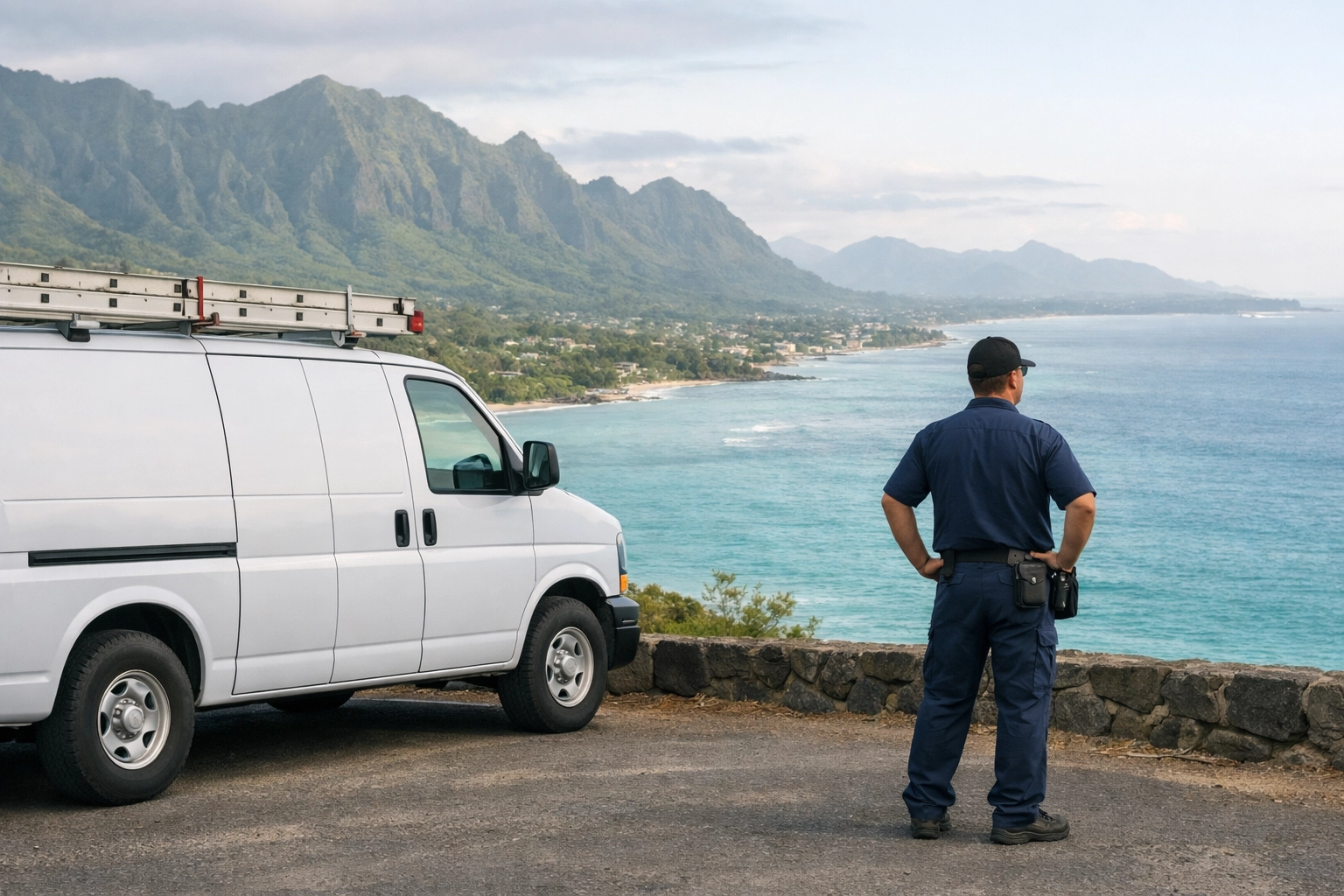 Professional technician with a service van overlooking the Hawaii coast, showing statewide refrigeration service.