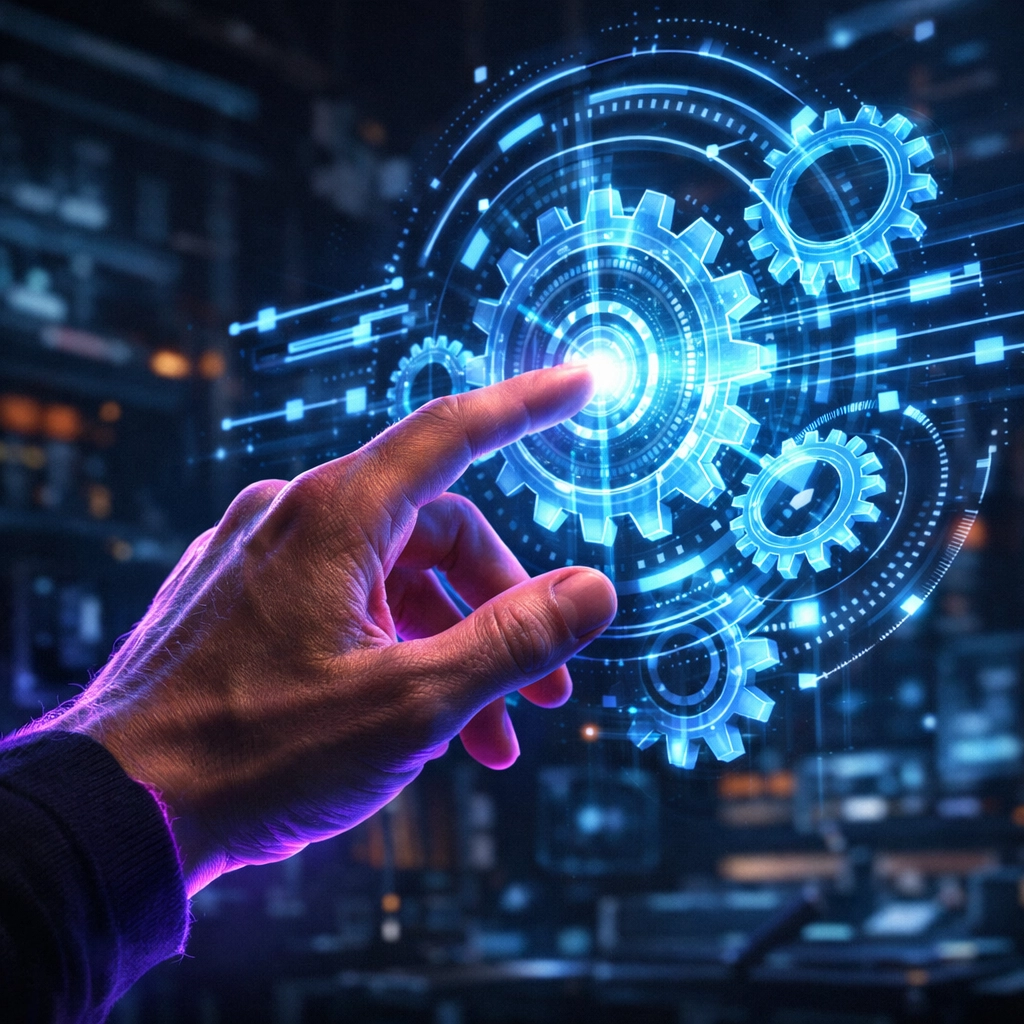 Human hand interacting with digital interfaces to illustrate human-in-the-loop AI automation governance.