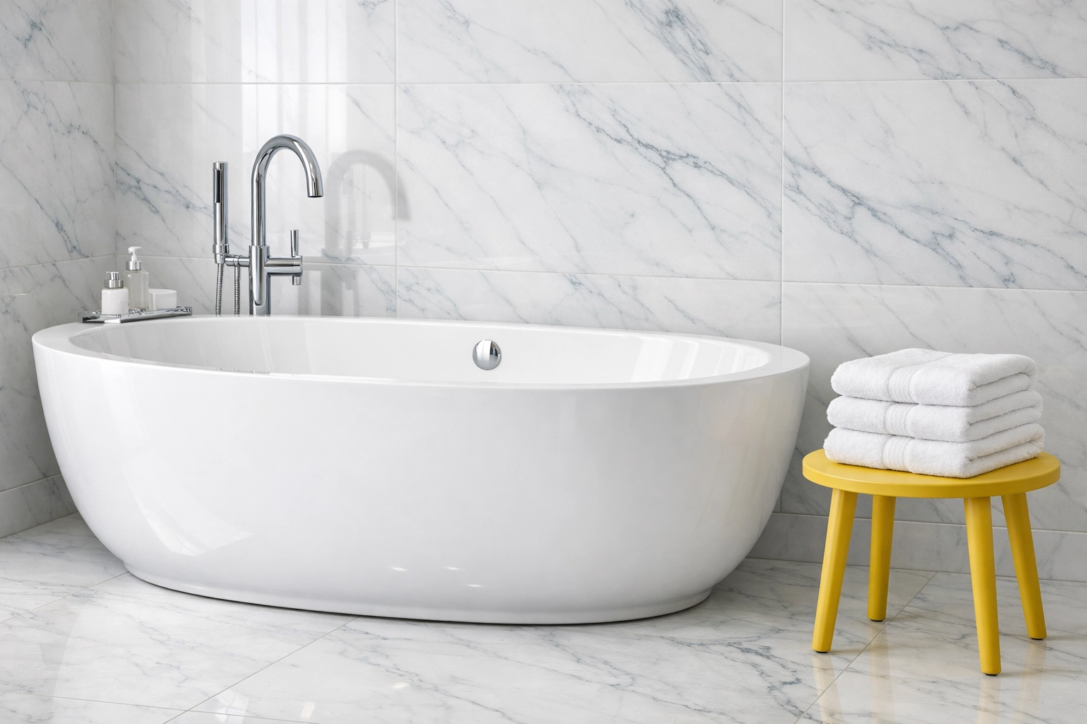 A luxury bathroom with sanitized marble surfaces and a sparkling tub following a professional move-in cleaning service.