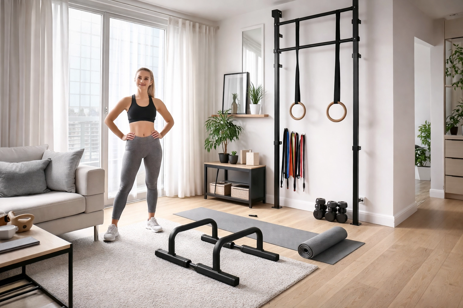 Rental-friendly home gym setup with parallettes, resistance bands, and gymnastic rings in a modern apartment living room.