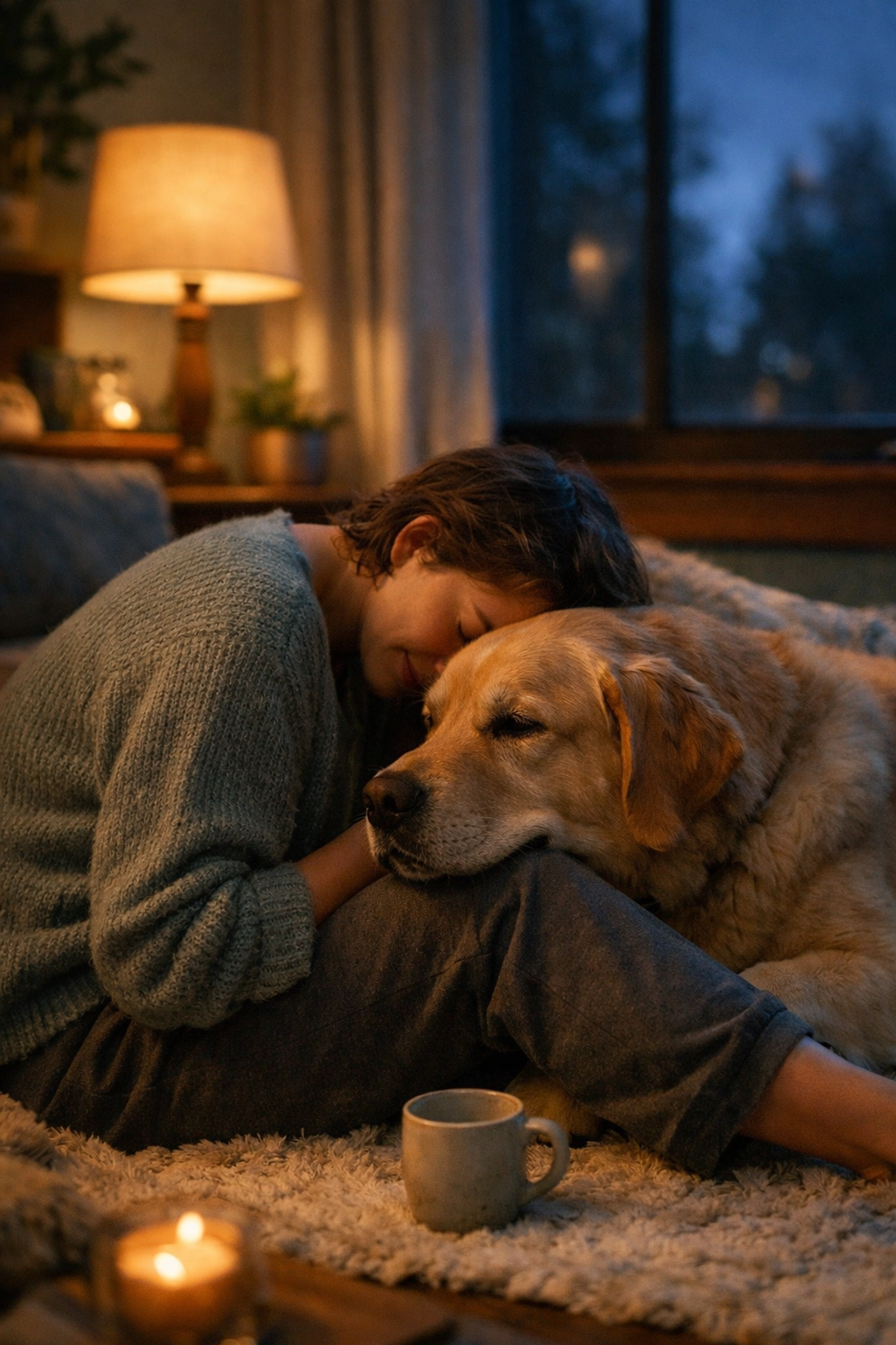 Dog owner finding emotional comfort at home, reflecting the support needed during a pet cancer journey.