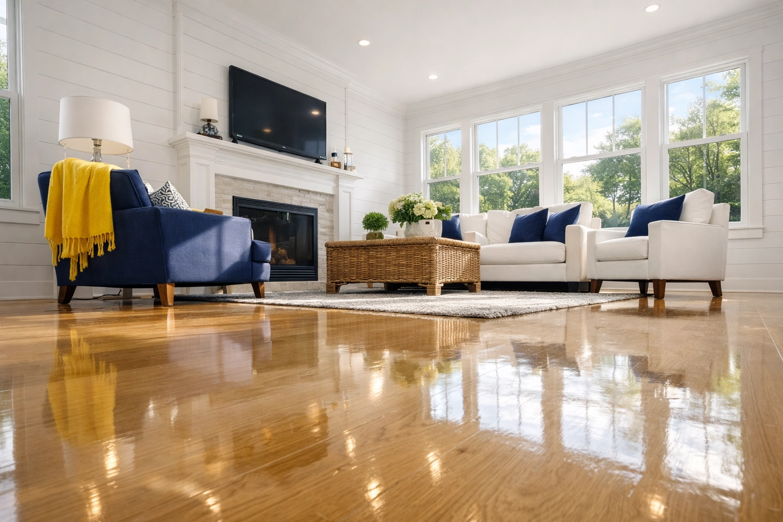 Spotless living room with polished wood floors after a weekly house cleaning Uxbridge MA service.