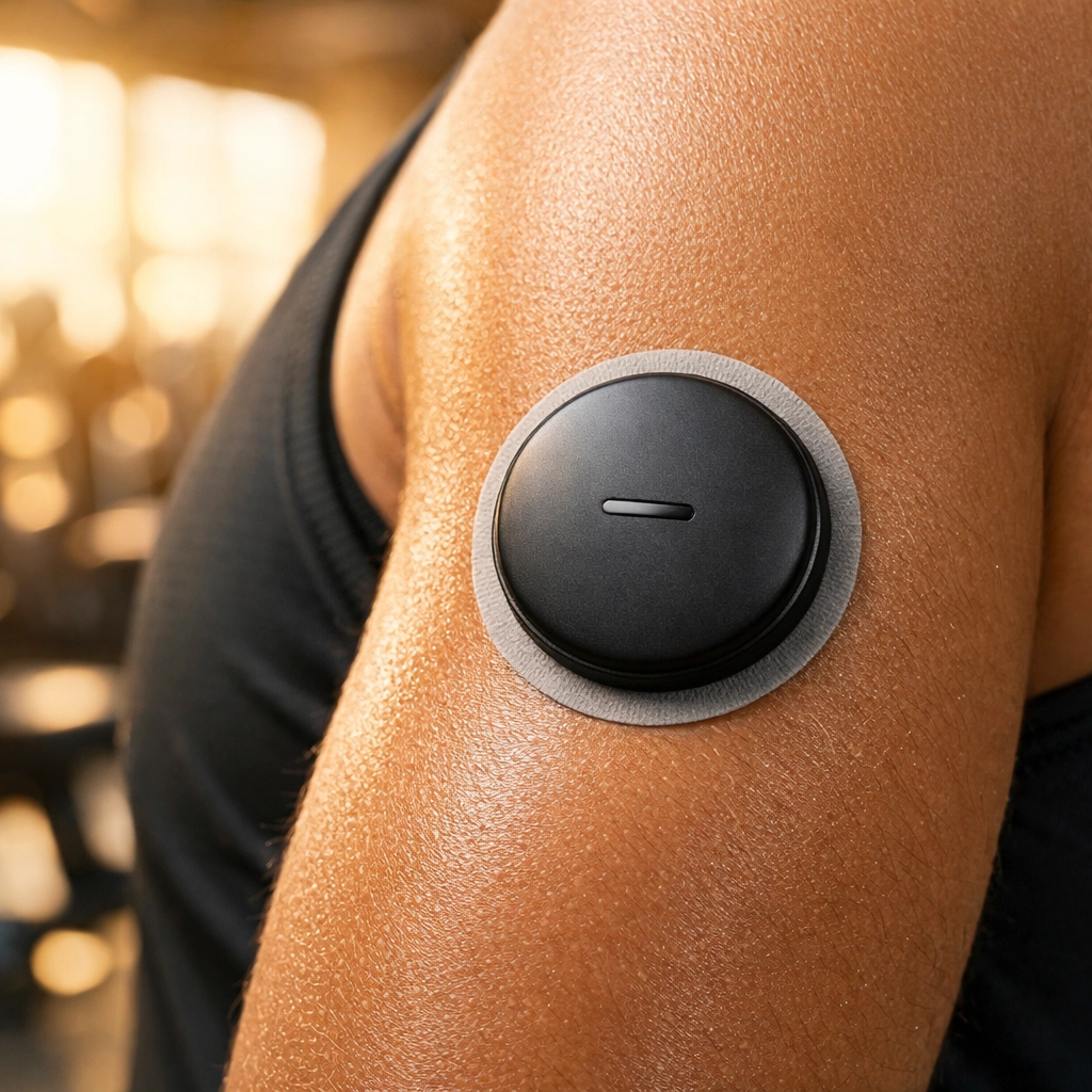 Continuous glucose monitor (CGM) wearable on an arm for tracking metabolic fitness and performance.