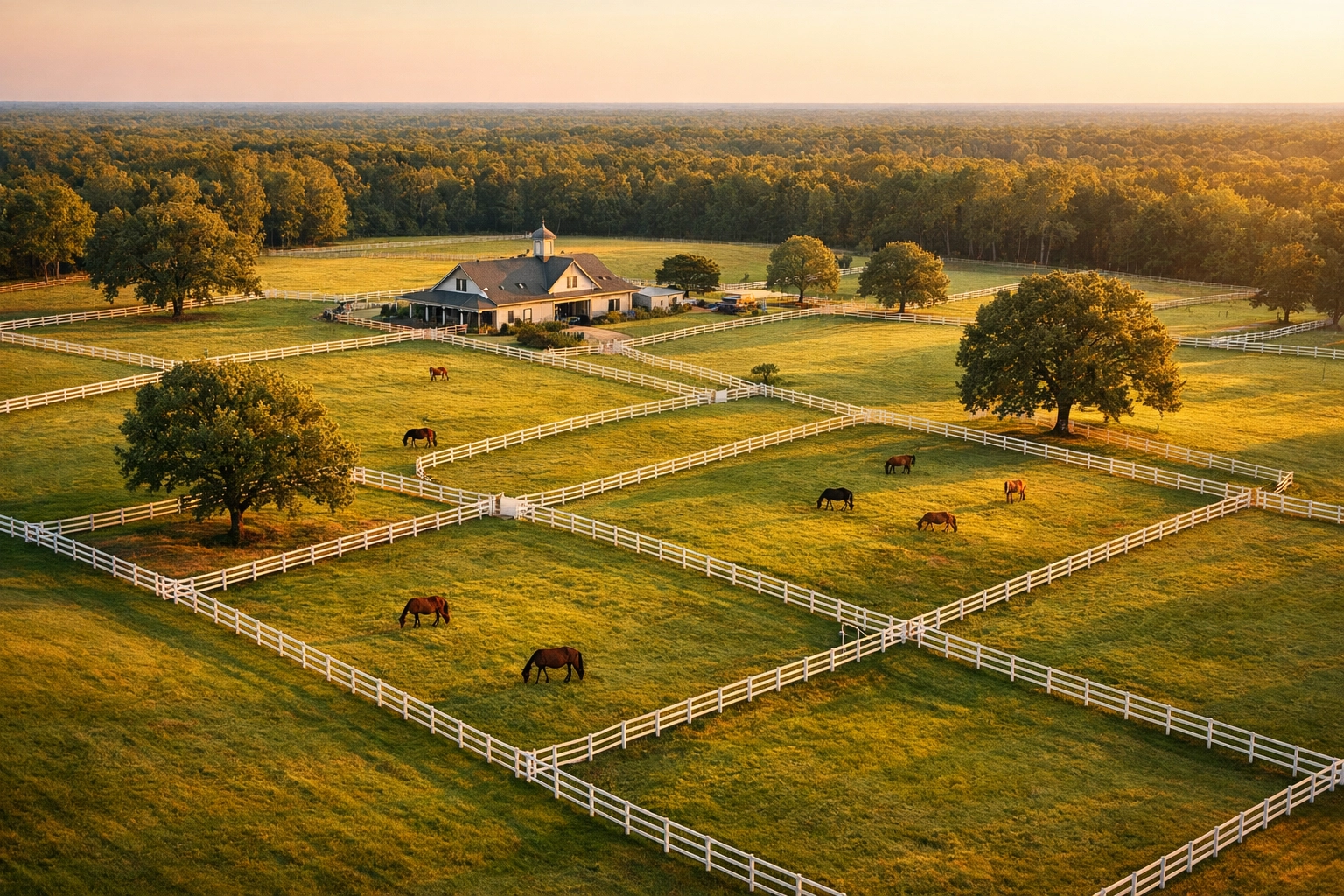 Aerial view of horse farm for sale in Waxhaw NC with fenced pastures and barn