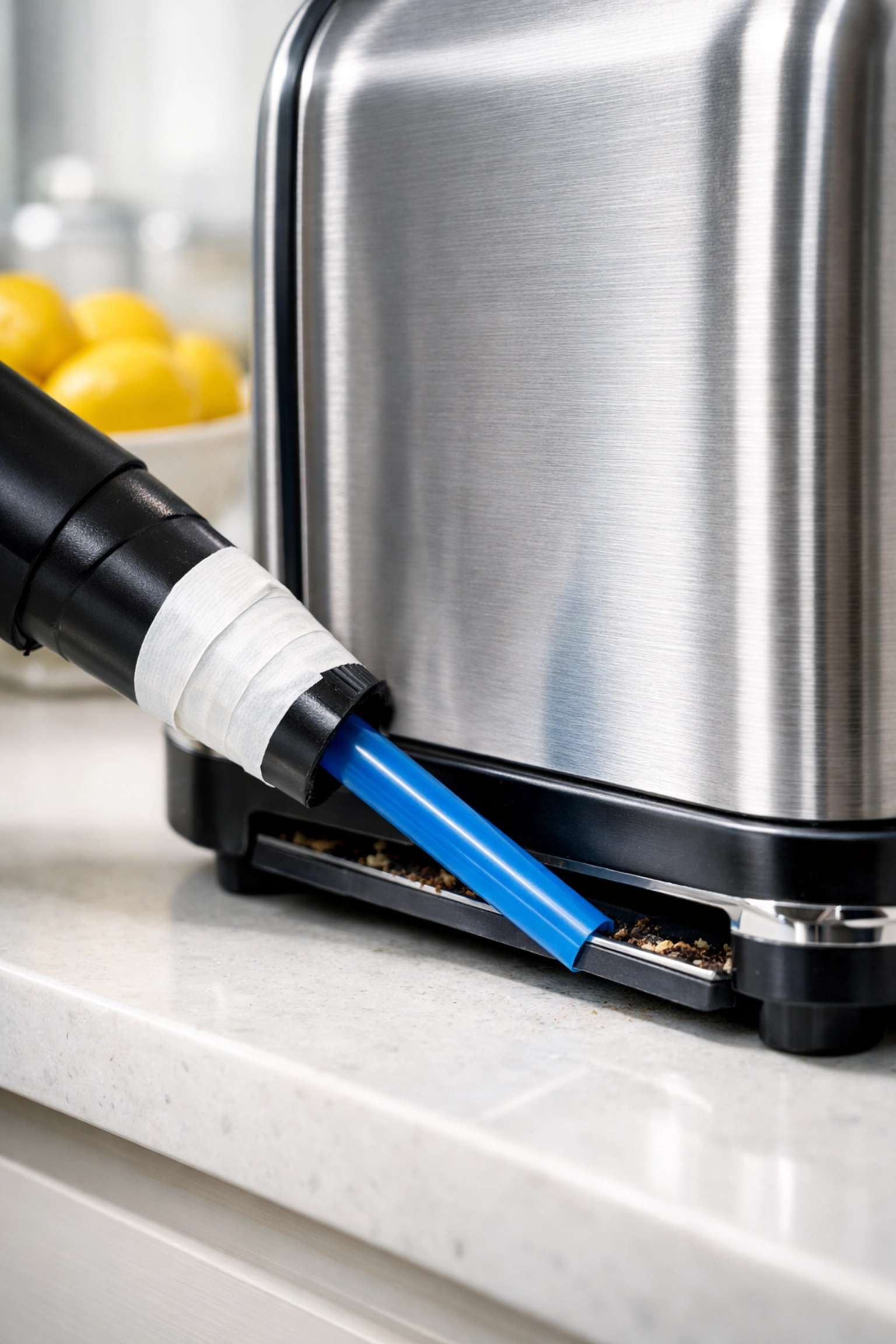 A creative cleaning tip using a vacuum and straw to reach crumbs inside a toaster.