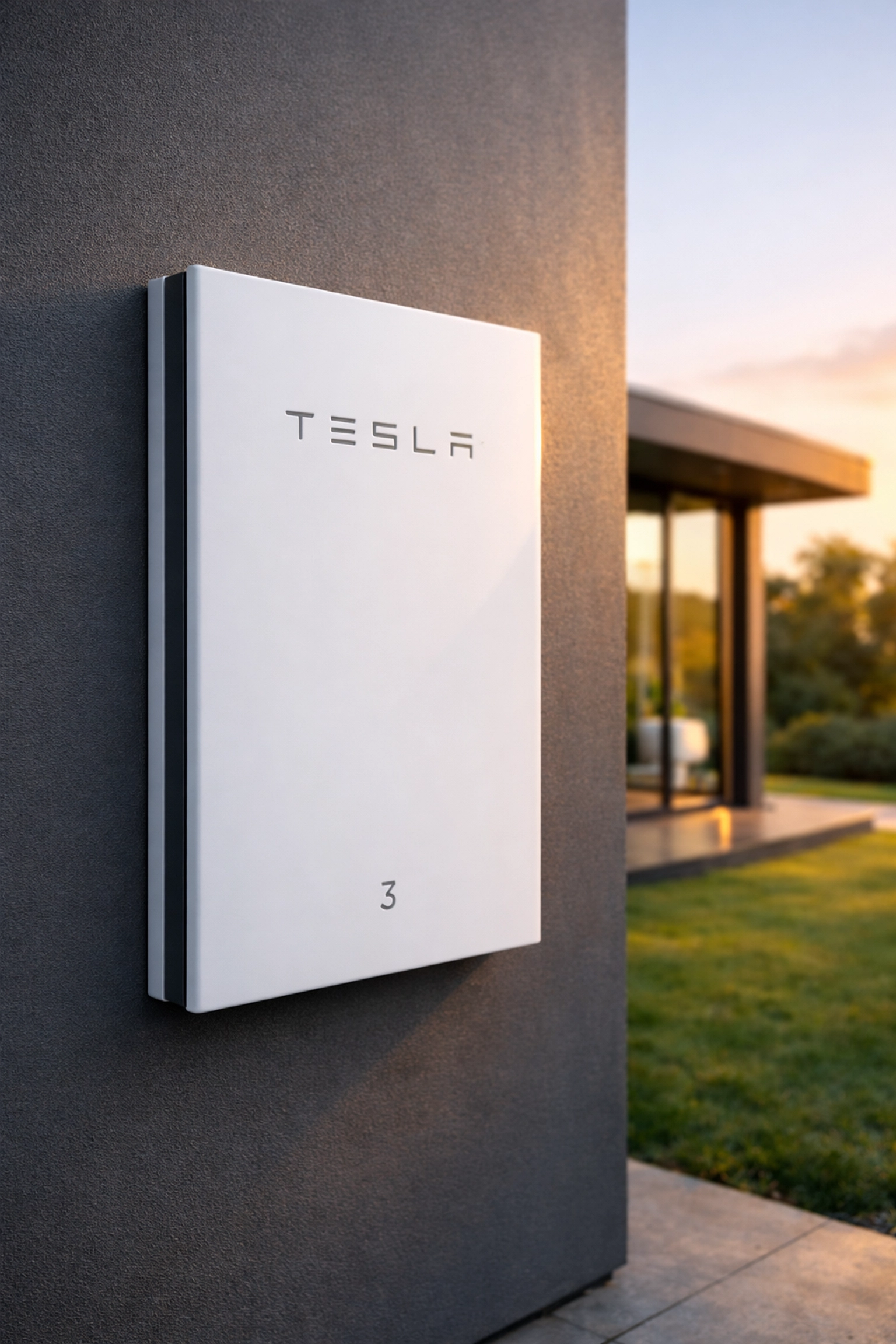 Tesla Powerwall 3 solar battery storage system mounted on a contemporary home exterior wall.