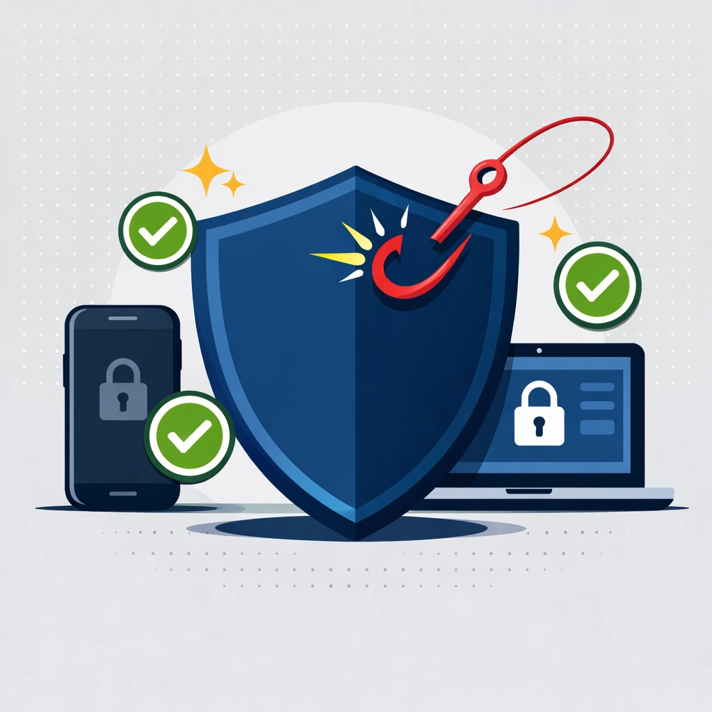 Security shield protecting devices from a phishing hook to ensure safe tax filing in New Haven.