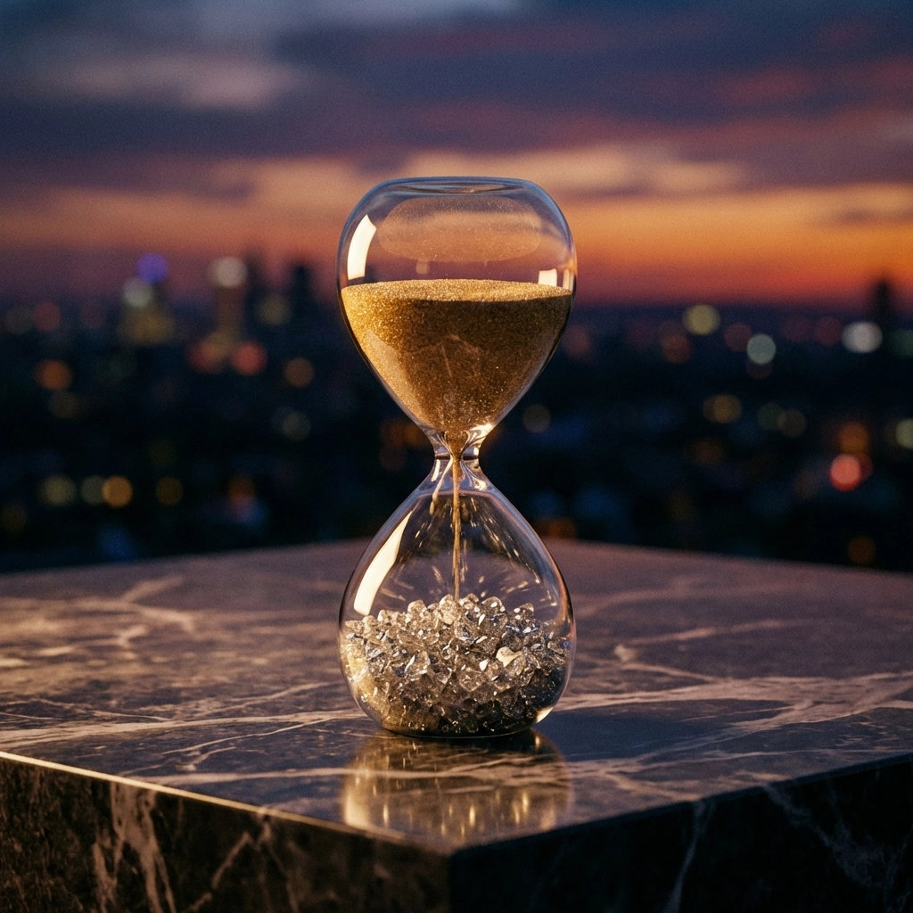 Hourglass with gold and diamonds on marble, set against a twilight skyline, symbolizing long-term wealth creation and patient investing
