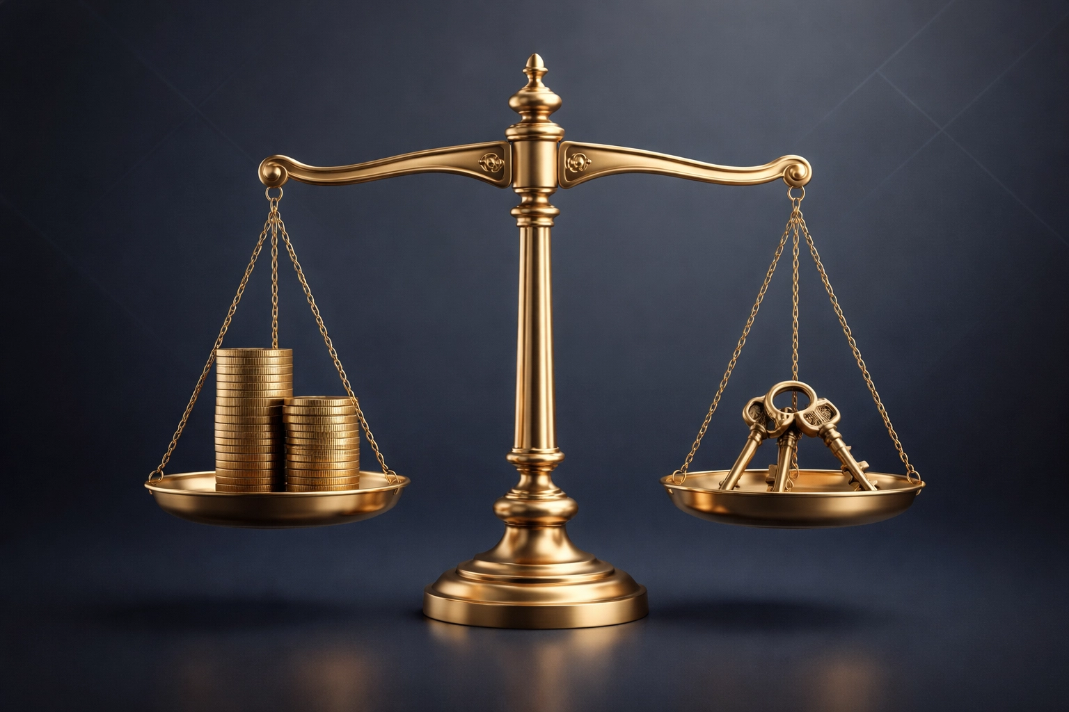 Balanced scale with coins and keys symbolizing smart capital and control for hospitality business founders