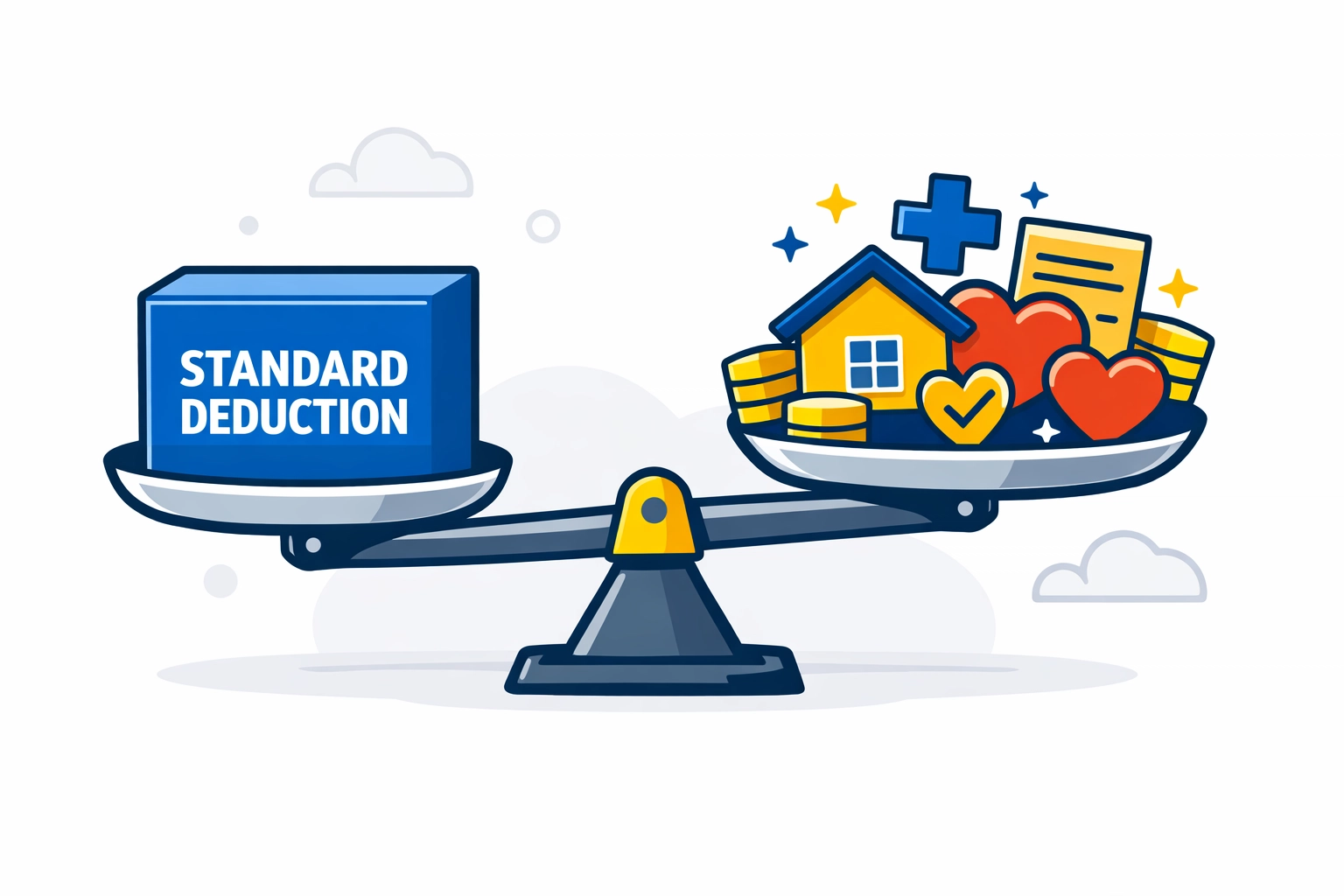 A balance scale comparing the standard deduction with itemized tax deductions like property tax and medical costs.