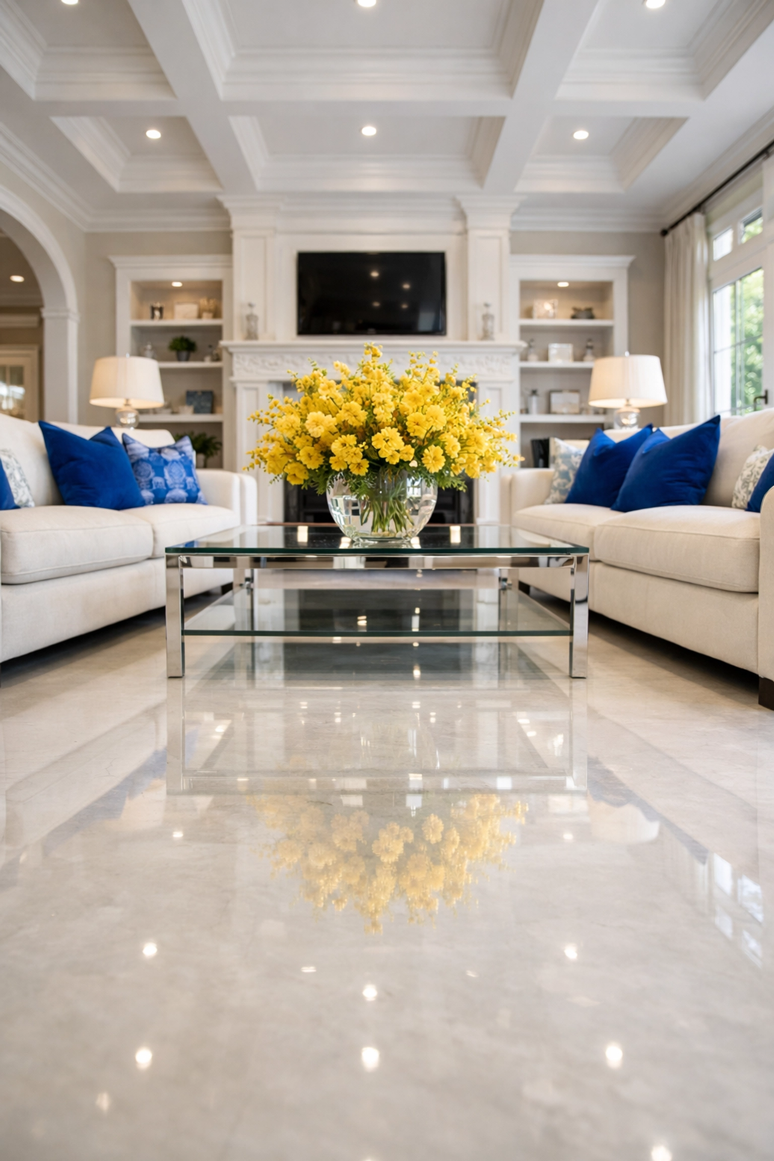 A spotless and sanitized Franklin living room showcasing the results of expert post-construction cleaning.