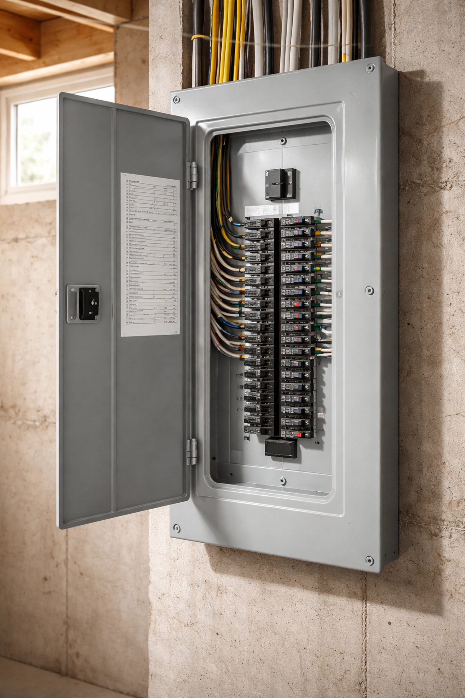 Residential electrical panel with open door showing updated circuit breakers and wiring for home safety