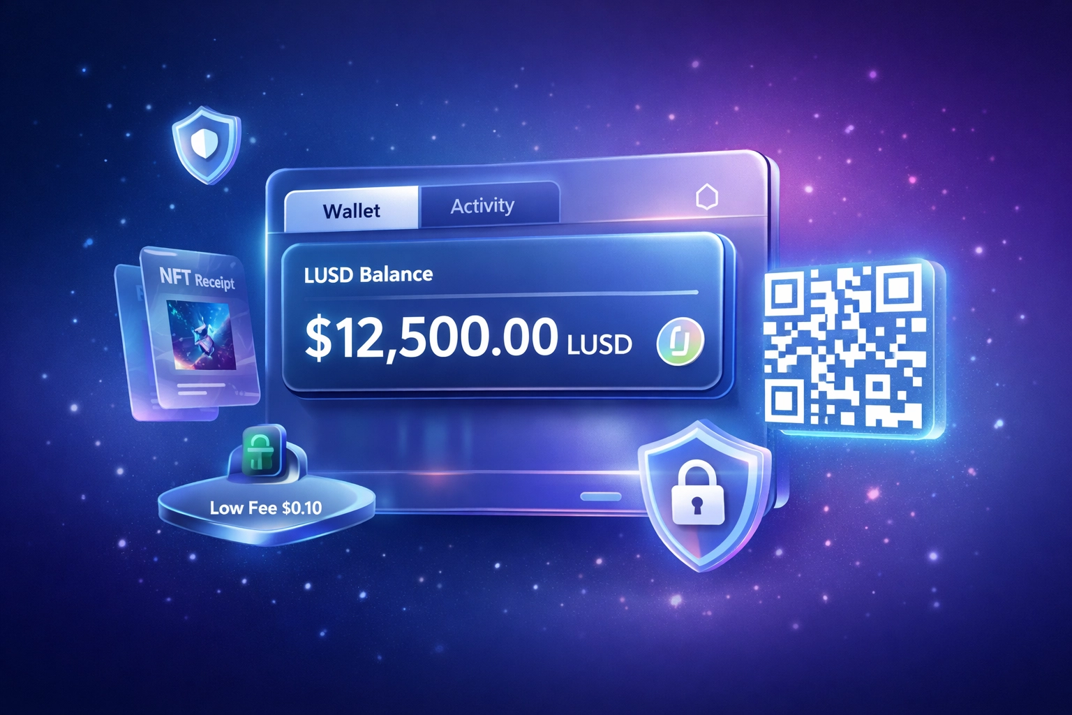 Digital crypto wallet displaying LUSD stablecoin balance, QR code, and NFT receipt icons