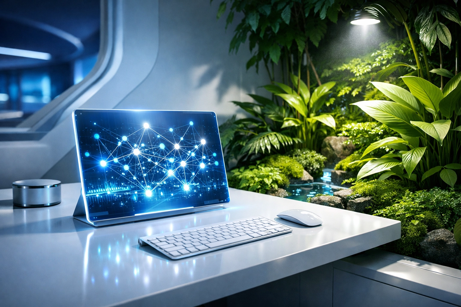 A clean, high-energy workspace featuring greenery and digital connectivity for peak business productivity.