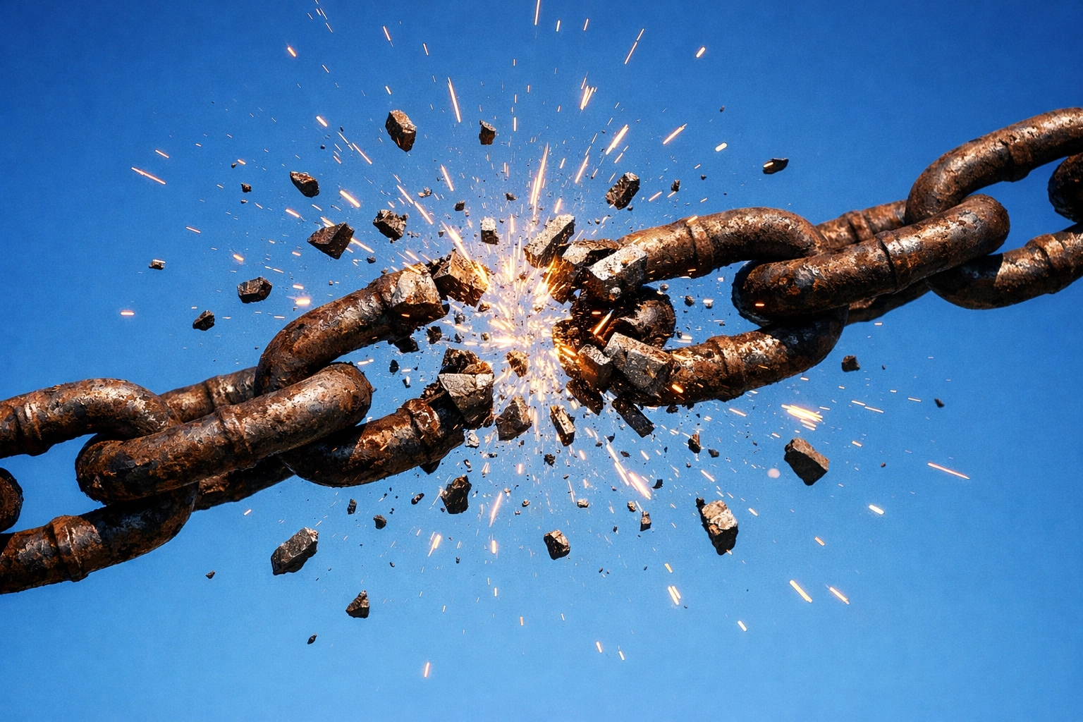 Rusted iron chains shattering against a blue sky, symbolizing the release of an Iranian Christian convert.
