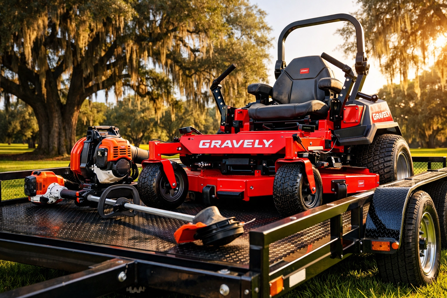 Custom Gravely mowing package with zero-turn mower and trailer at Ocala Tractor LLC in Florida