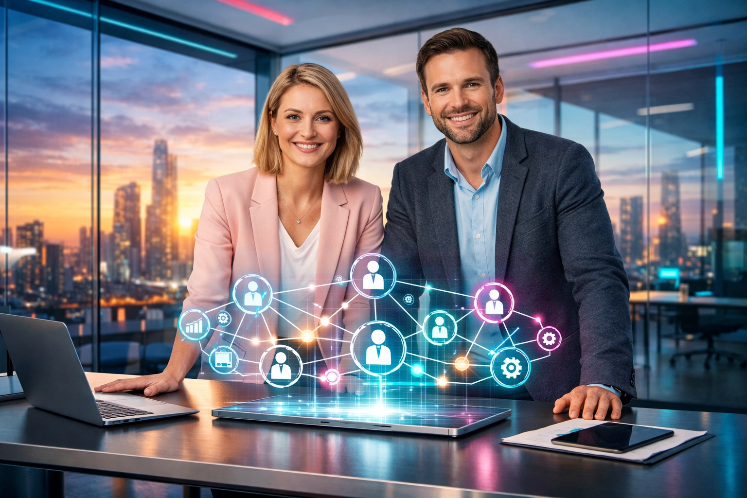 HR-Experten planen eine moderne Recruiting-Strategie mit KI-gestützten Mitarbeiterprofilen.