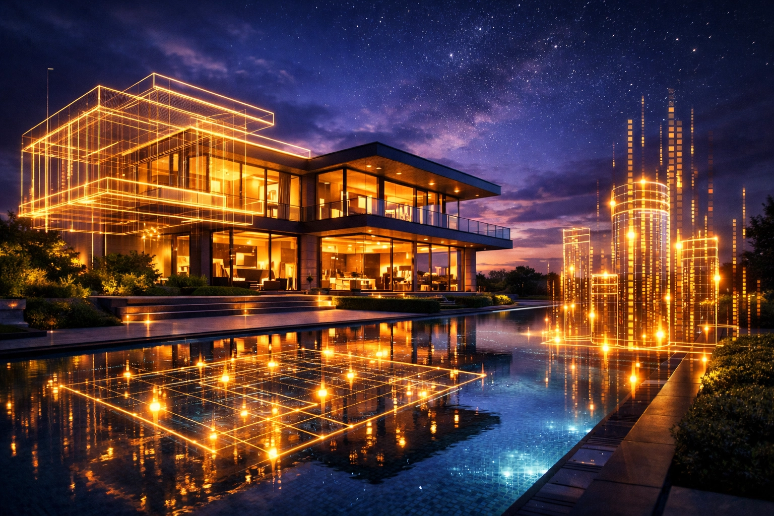 Luxury modern home with digital overlays showing AI-enhanced branding for high-authority real estate professionals.