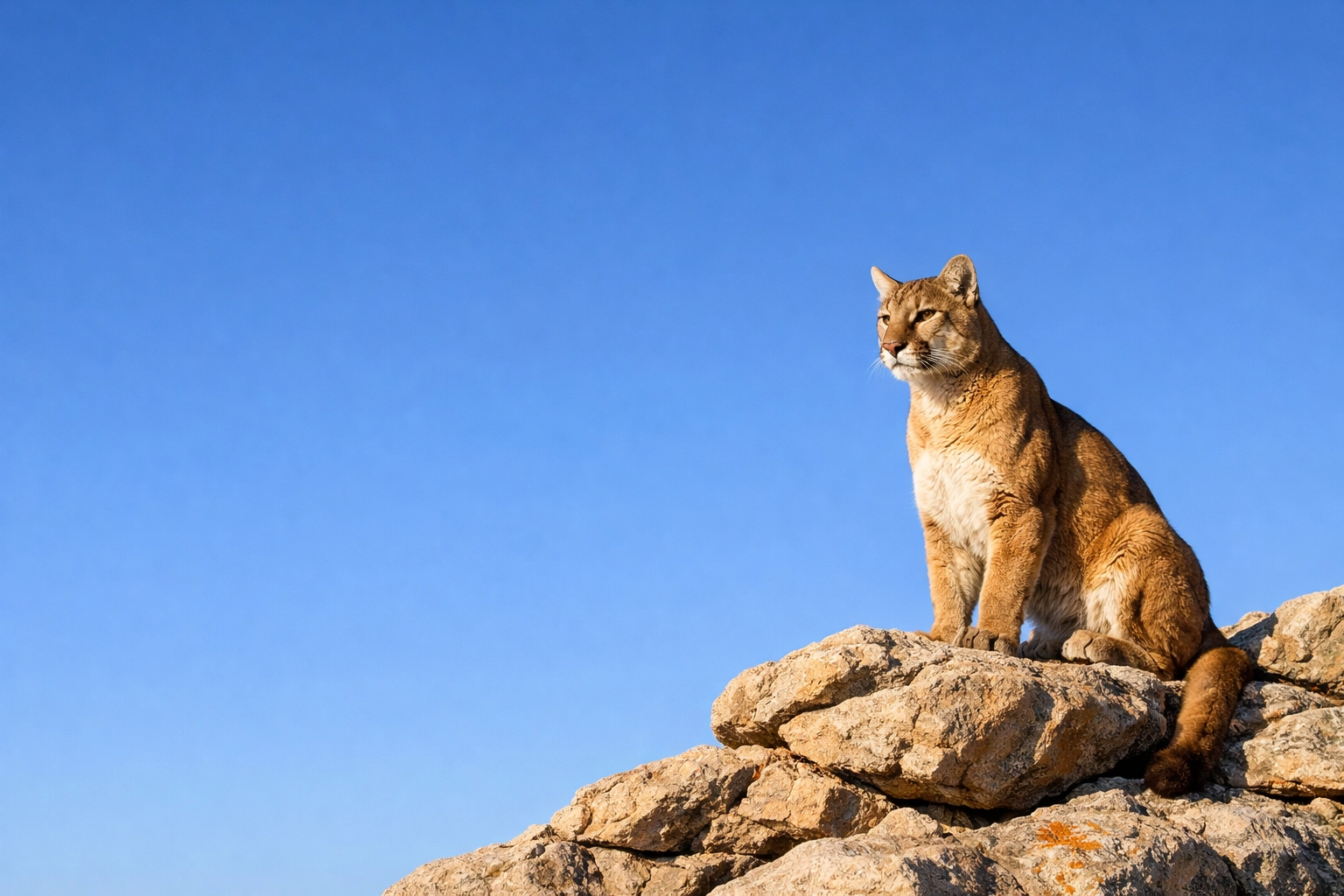 Mountain lion on rocks against a clear sky, perfect for sponsored animal pages and digital marketing.