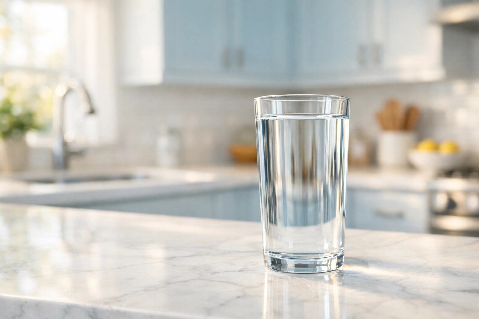 Pure filtered drinking water in a clear glass on a modern Lakewood kitchen countertop.
