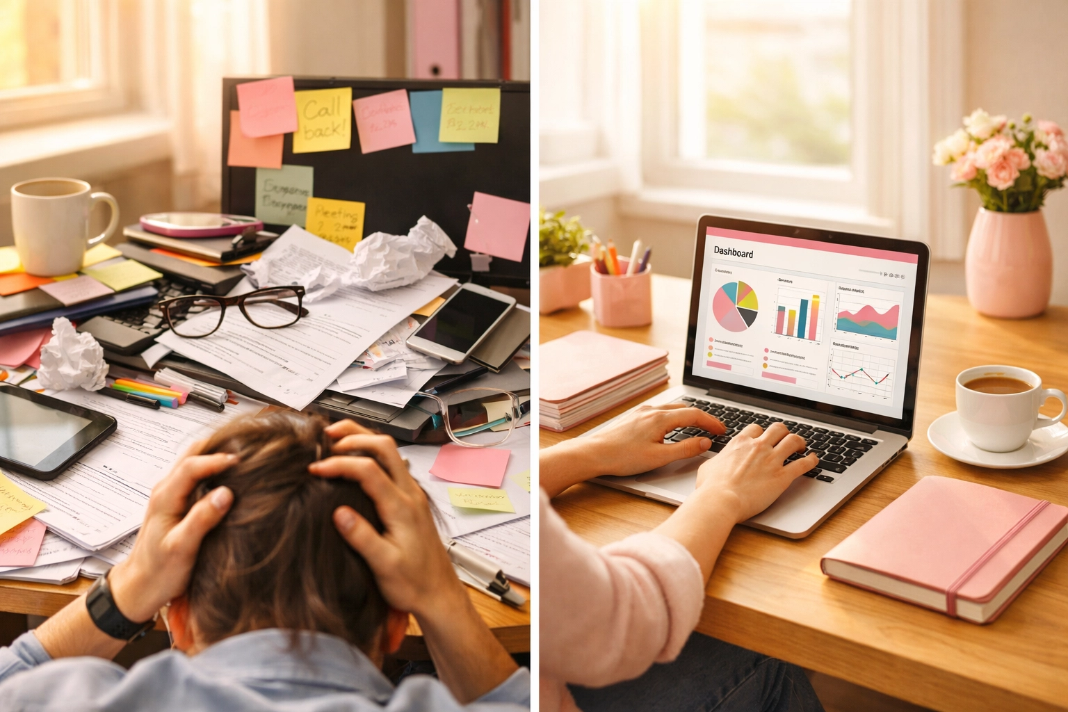 Before and after workspace showing cluttered desk transformed to organized efficient setup