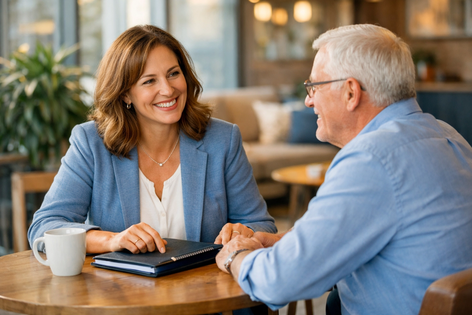 Nonprofit development officer meeting with potential major donor for relationship building