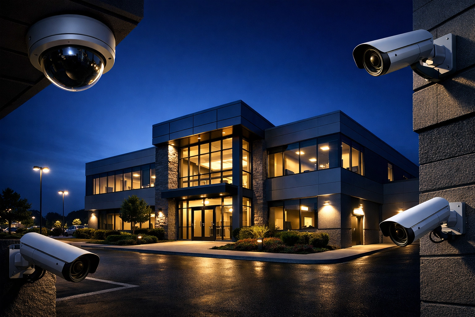 Multiple security cameras strategically placed on business building covering entry points and parking areas