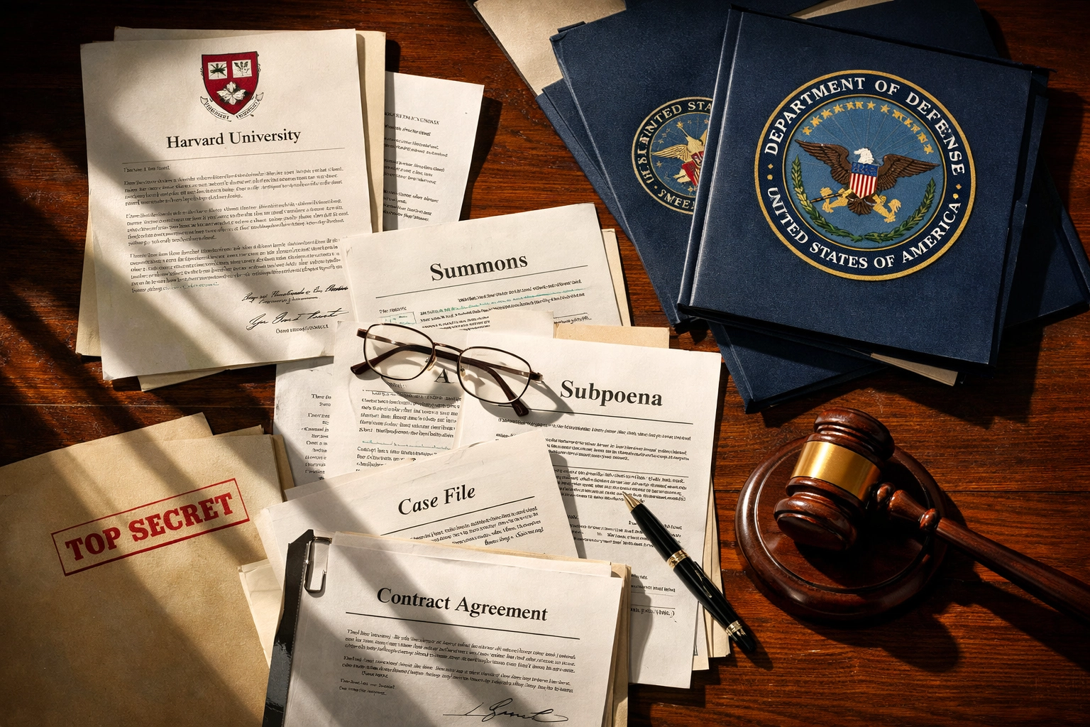 Official documents showing Pentagon and Harvard legal conflict with gavel