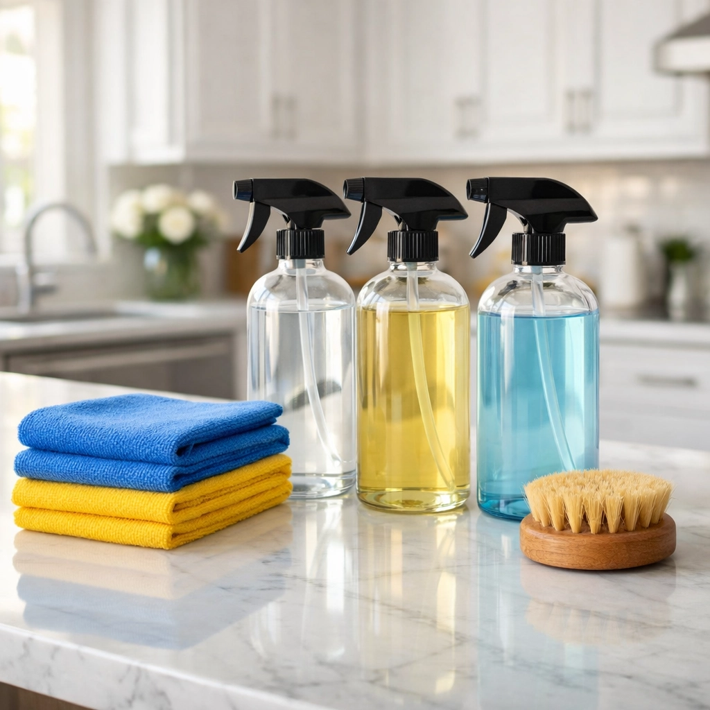 Eco-friendly cleaning supplies and microfiber cloths used by deep cleaning services Massachusetts pros.
