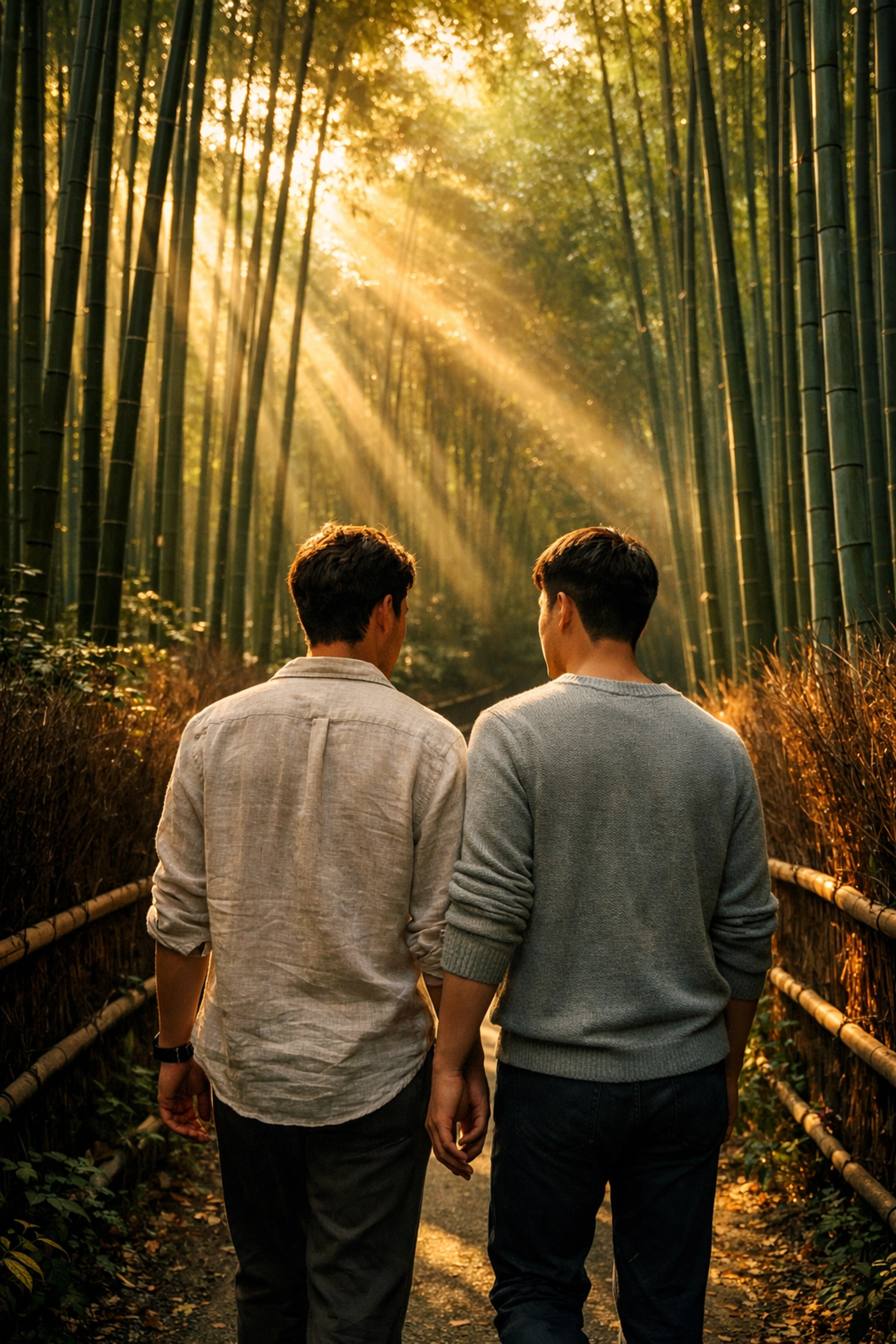 Gay couple walking hand in hand through Arashiyama Bamboo Grove in Kyoto during golden hour