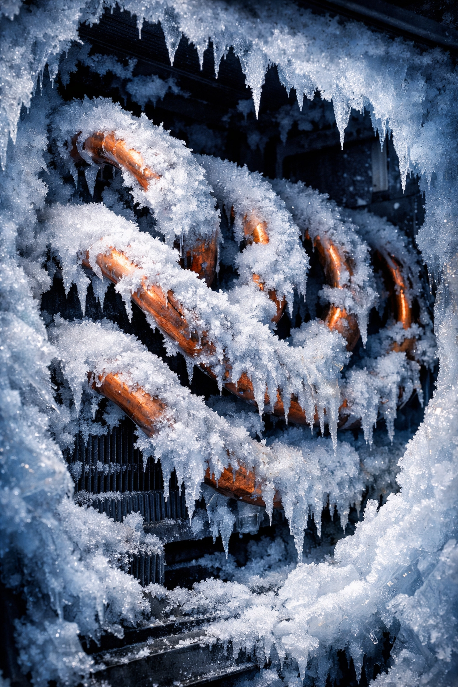 Frozen AC evaporator coil covered in ice from restricted airflow and missed ac maintenance.