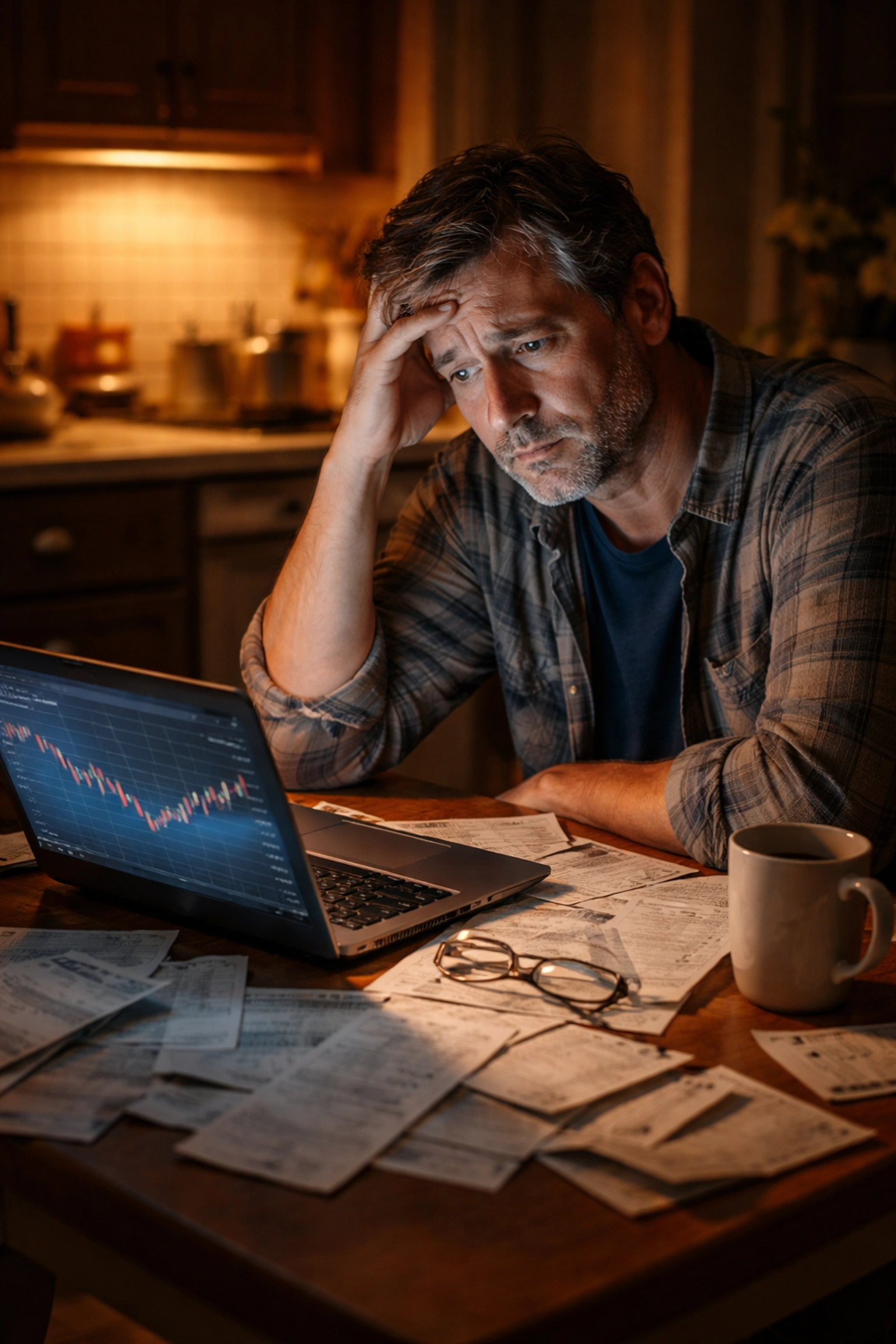 A worried man at his kitchen table studies online prediction market trends, bills and receipts piled before him