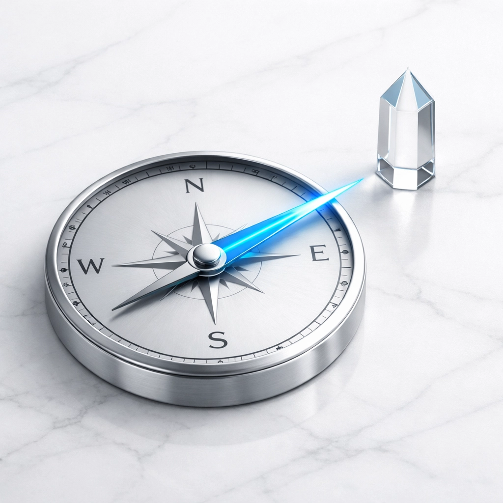 A blue-lit compass on marble representing the precise strategic direction of a Tampa digital marketing agency.