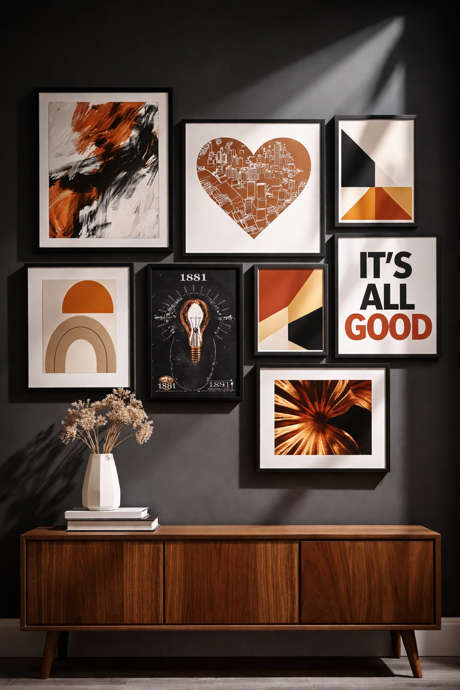 Curated gallery wall showcasing unique printable wall art including vintage patent and map prints