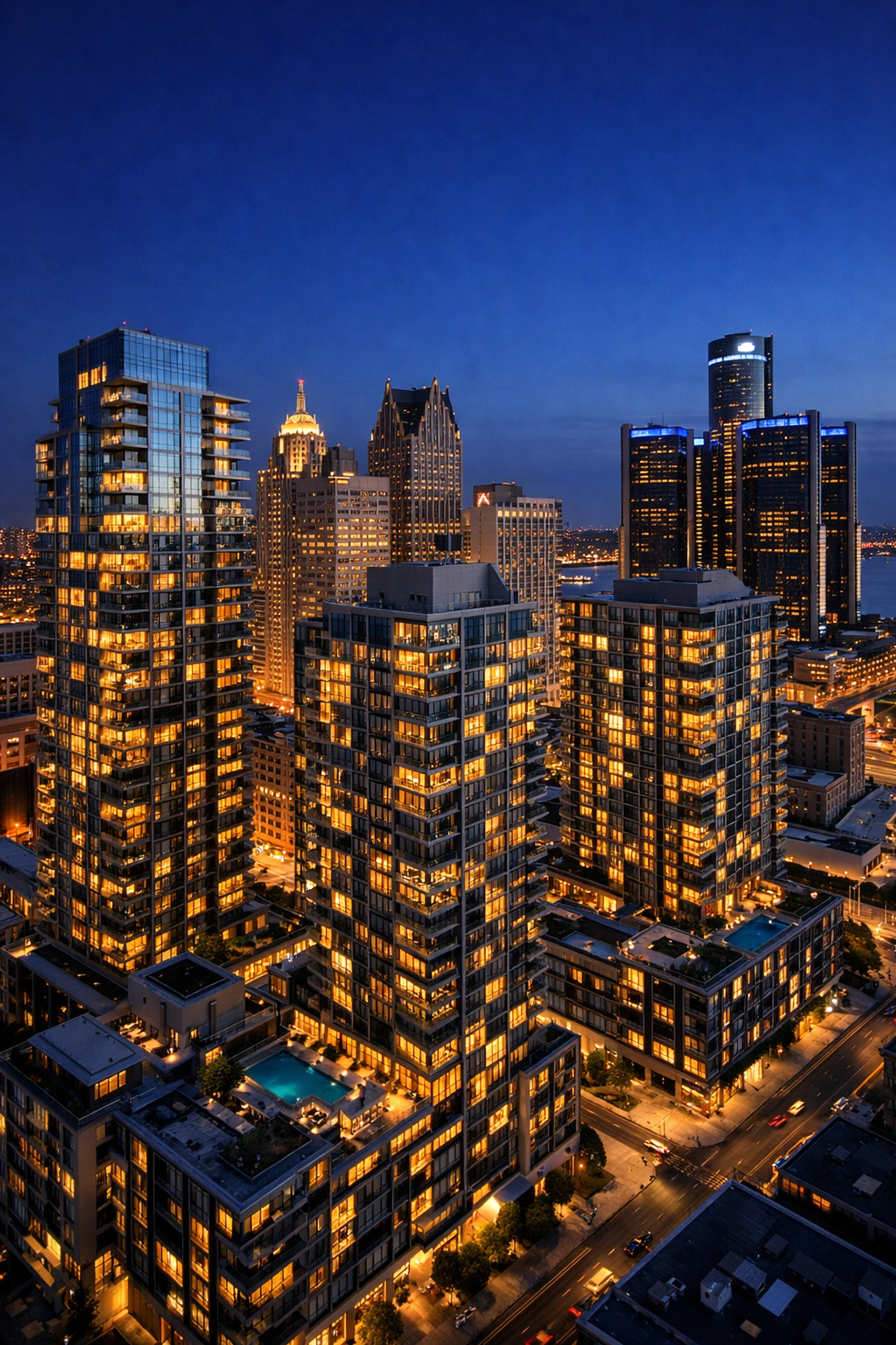 Modern Detroit skyline and residential towers representing a growing property portfolio.