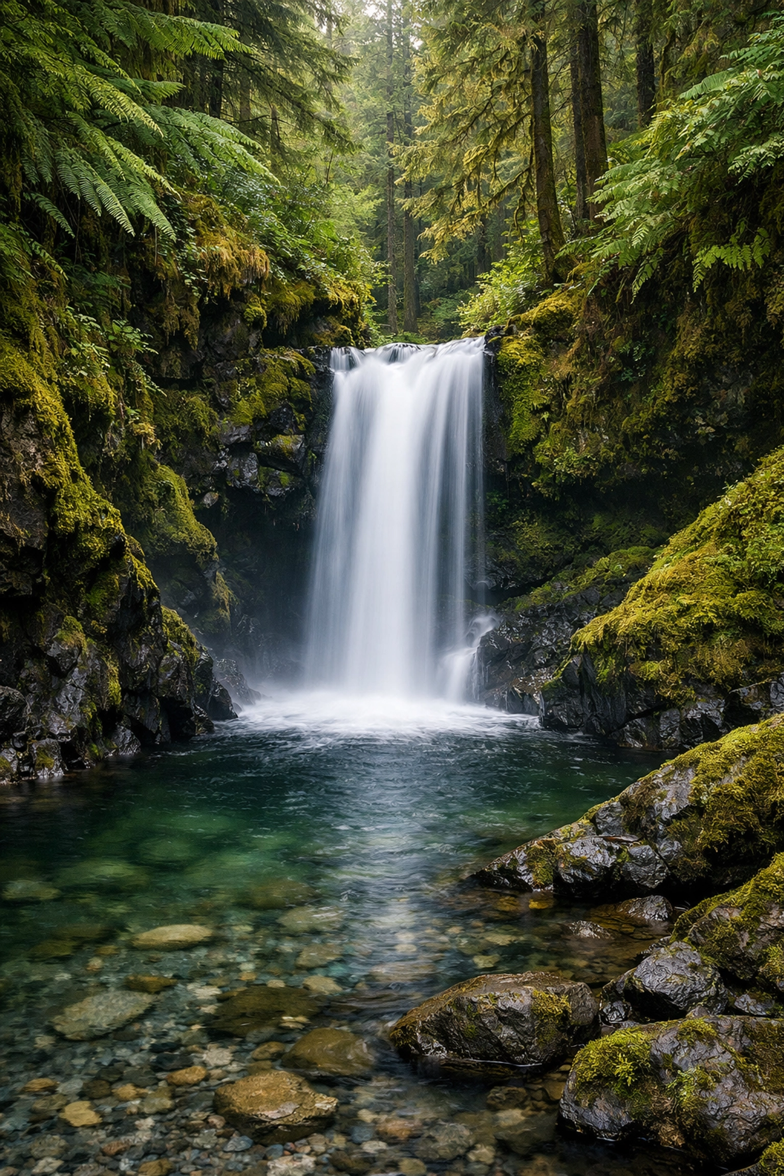 Long exposure of a hidden waterfall in a lush Pacific Northwest canyon, a top photo spot.