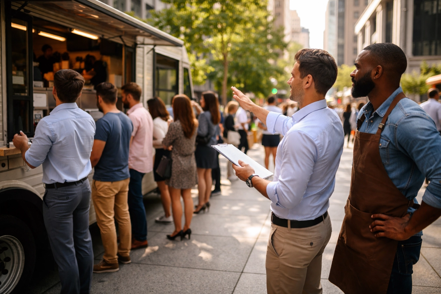 Food truck consultant and owner evaluating busy lunch location with customer line