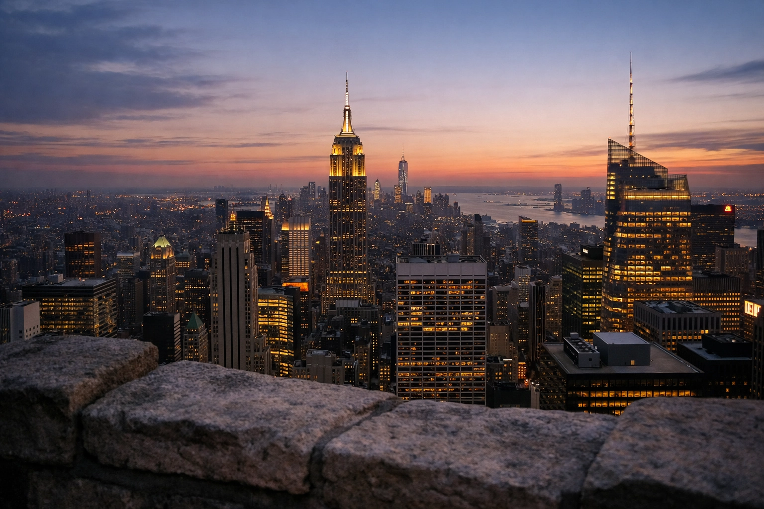 Manhattan skyline view from Top of the Rock at sunset featuring the Empire State Building, a top NYC photo spot.
