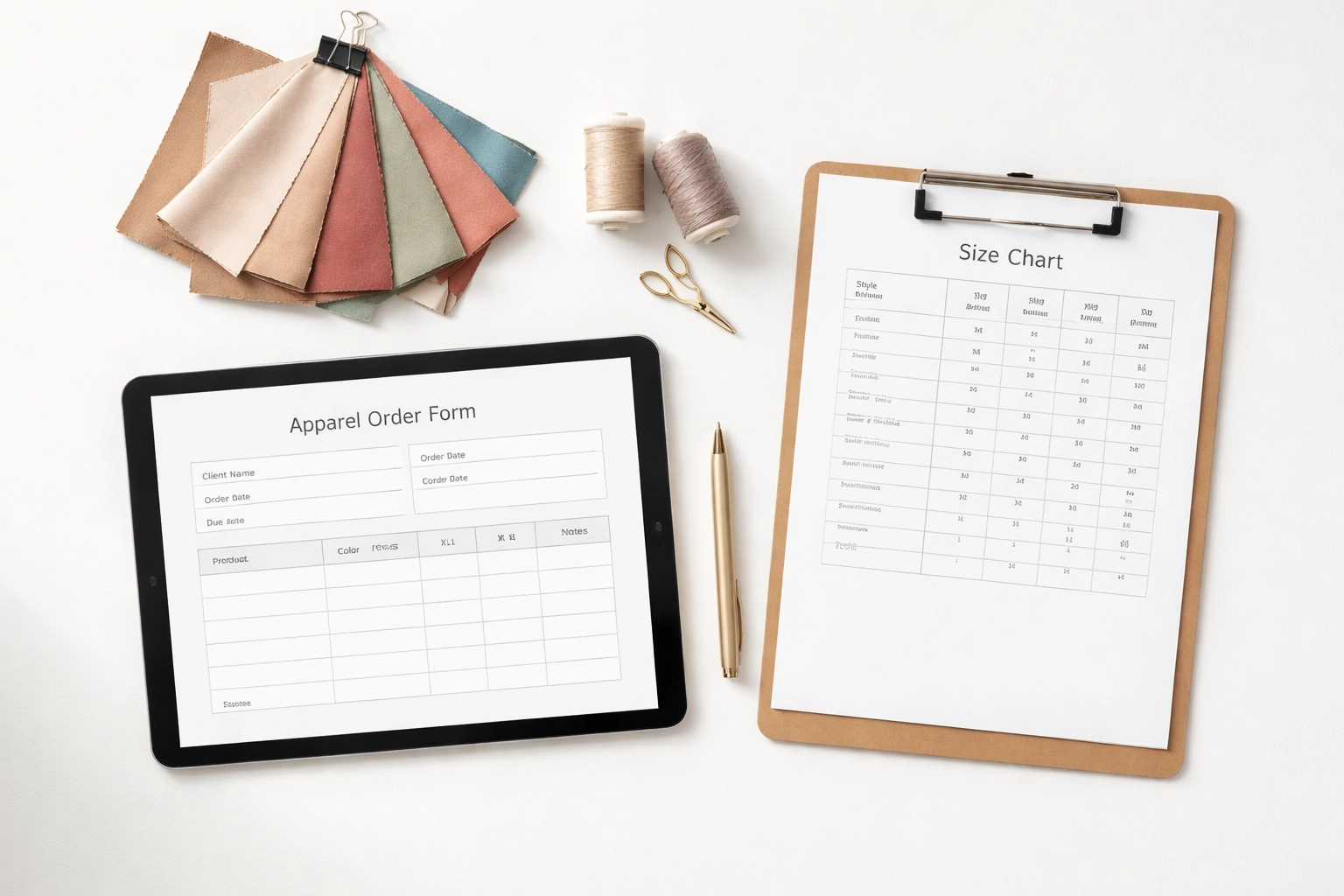 Organized apparel planning with digital form, size chart, pen, and fabric swatches for school orders