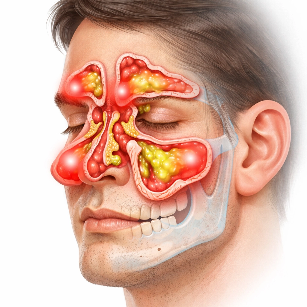 Anatomical illustration showing inflamed sinuses with bacterial infection and facial pressure points