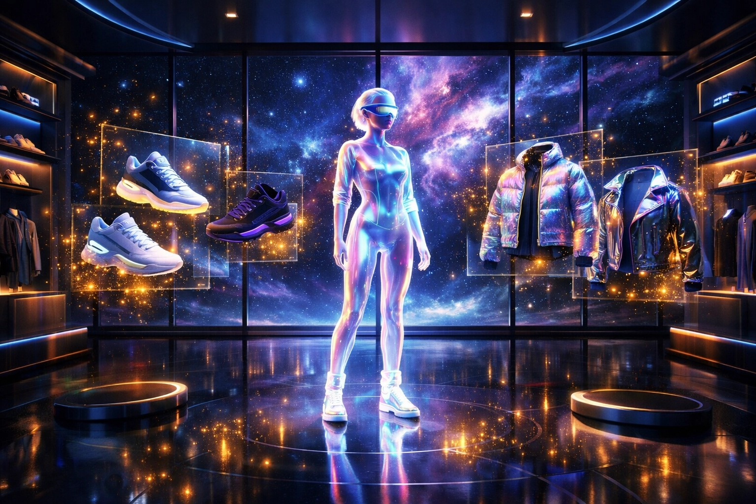AI-driven Metaverse shopping experience showing an avatar interacting with holographic digital apparel.