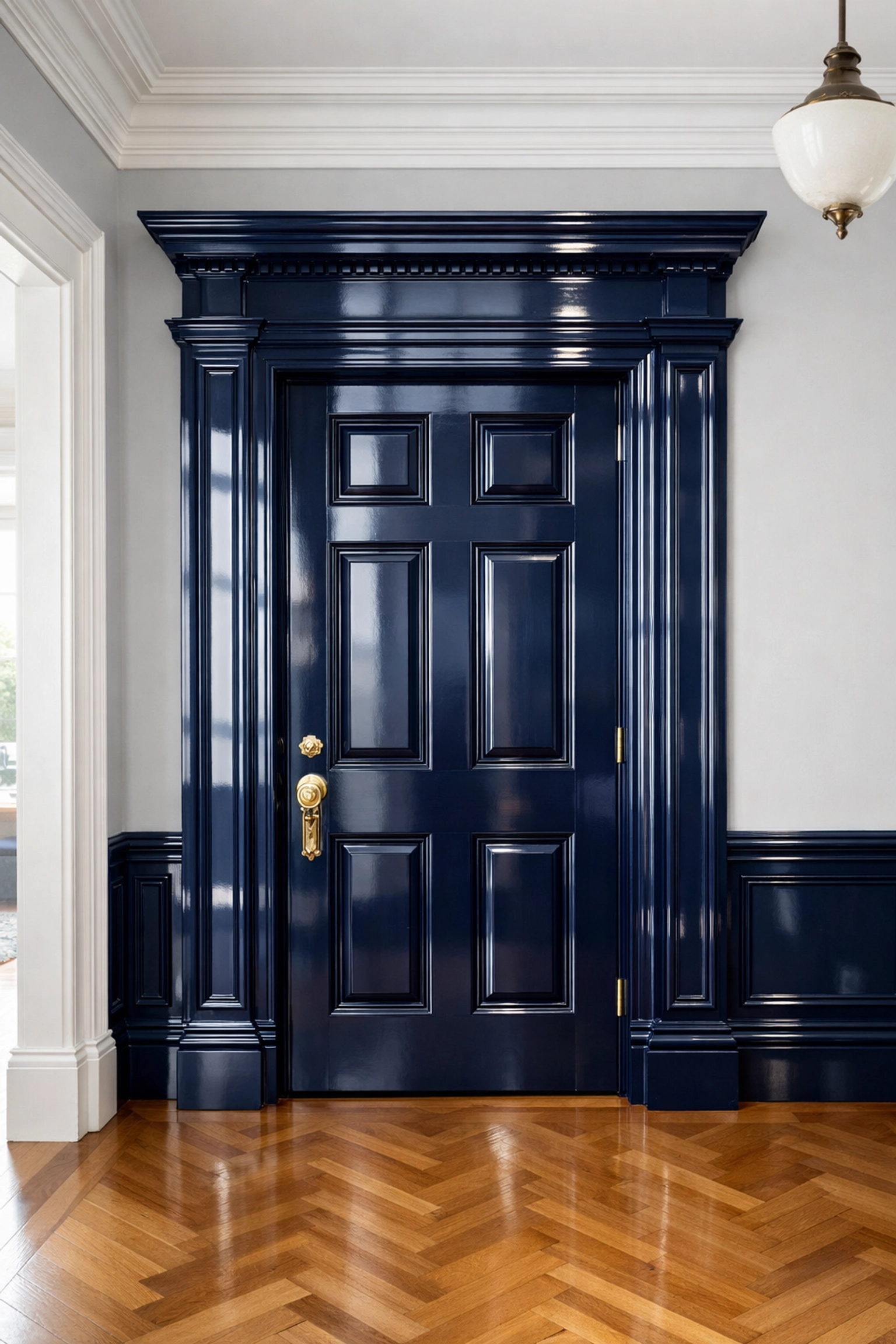 High-gloss navy blue woodwork and skirting boards in a Cheltenham period hallway.