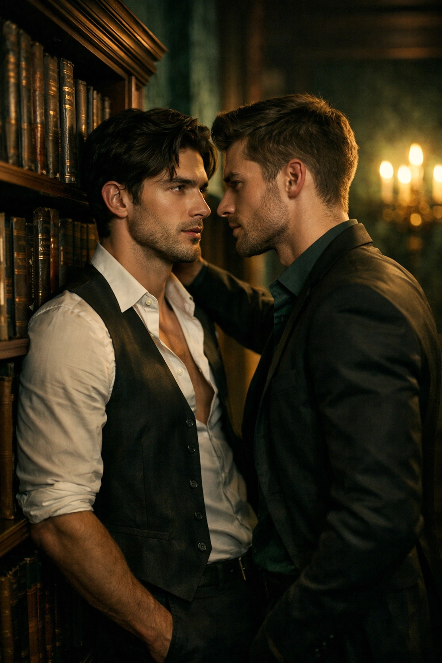 Two men in a library illustrating a slow burn MM romance trope for a new gay novel.