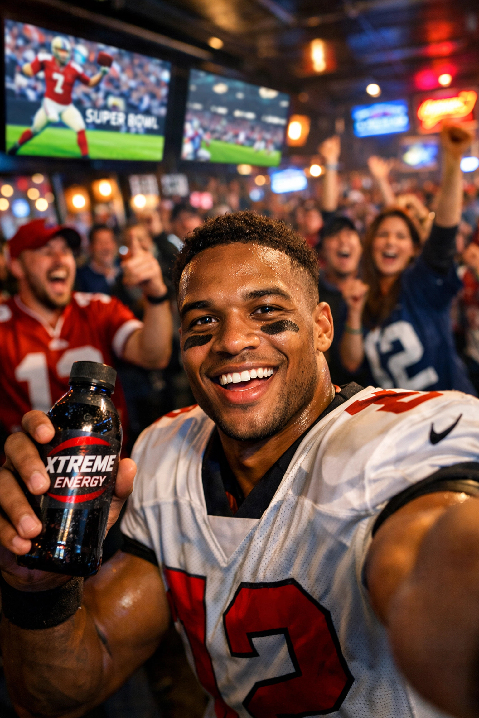 Athlete engaging with fans at Super Bowl watch party featuring branded product placement