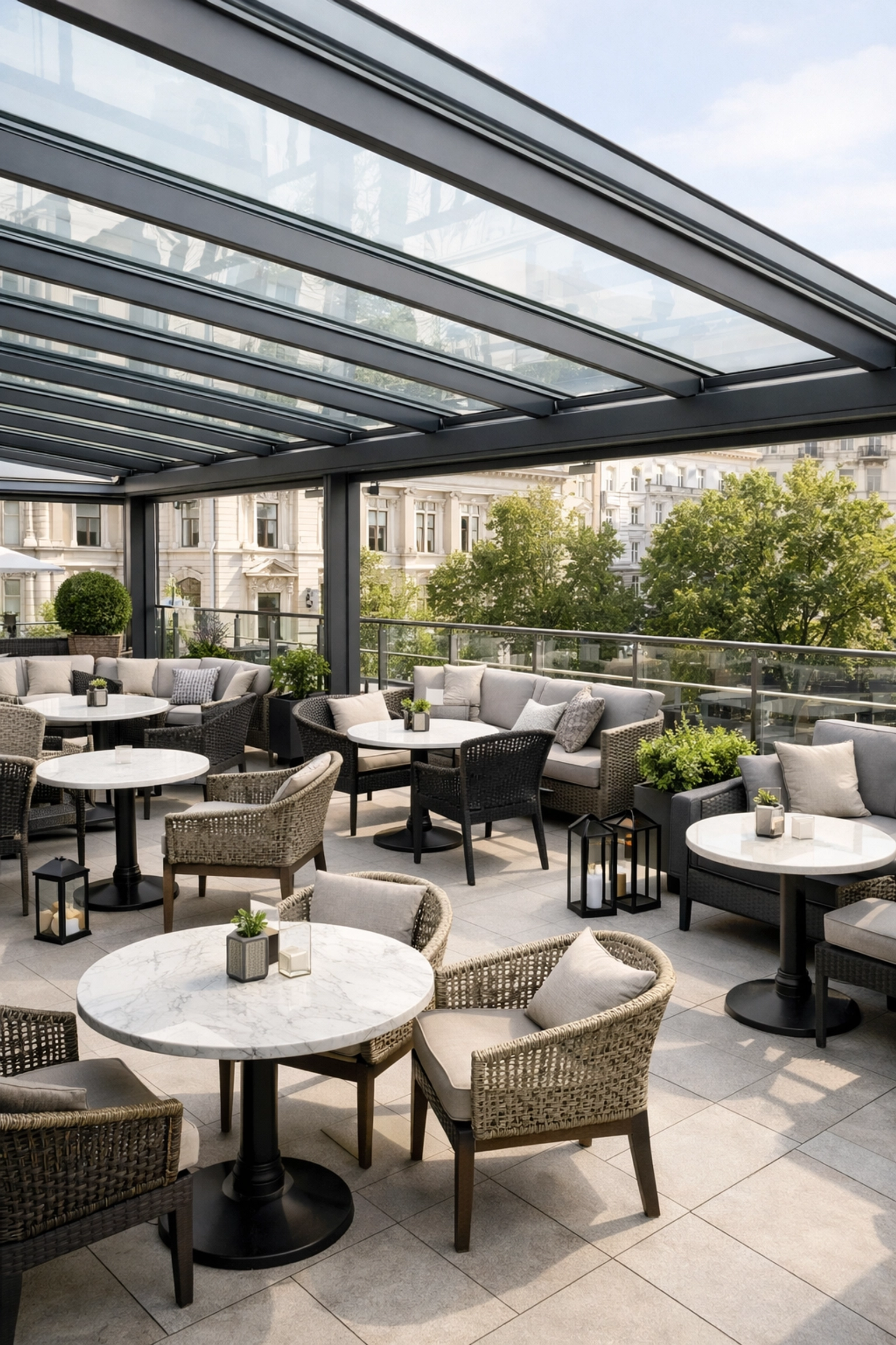 Terrassenüberdachung für Gastronomie Wien mit Glas-Aluminium-Konstruktion