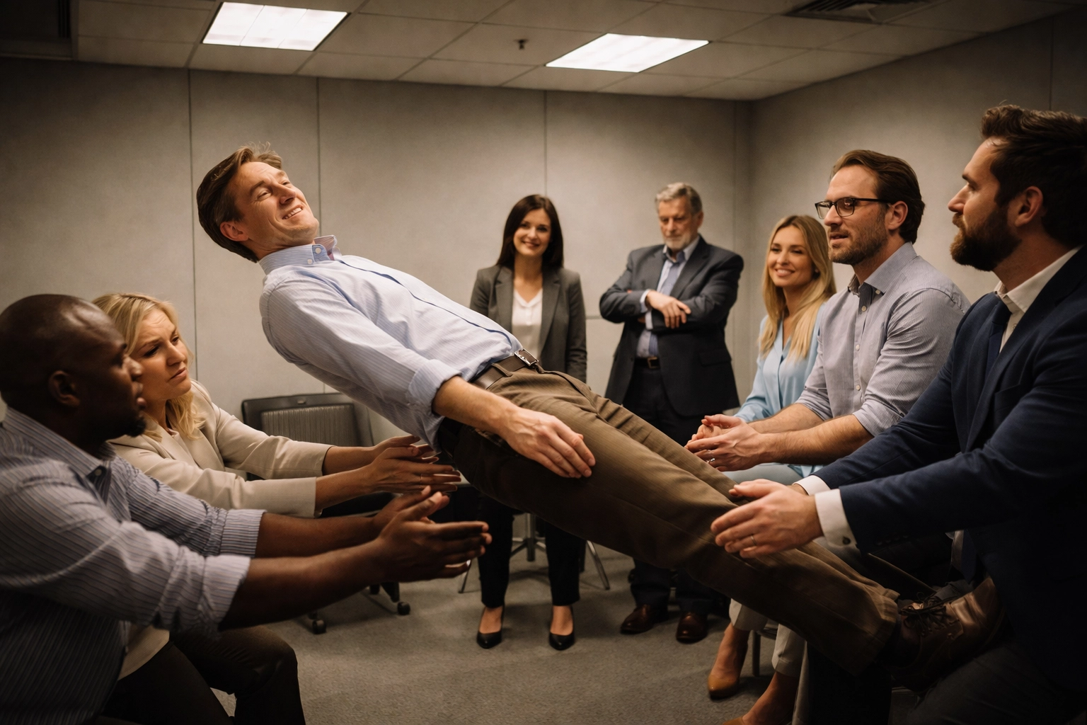 Corporate team displaying discomfort during a forced trust fall at a company retreat, illustrating why authentic, engaging retreats matter.